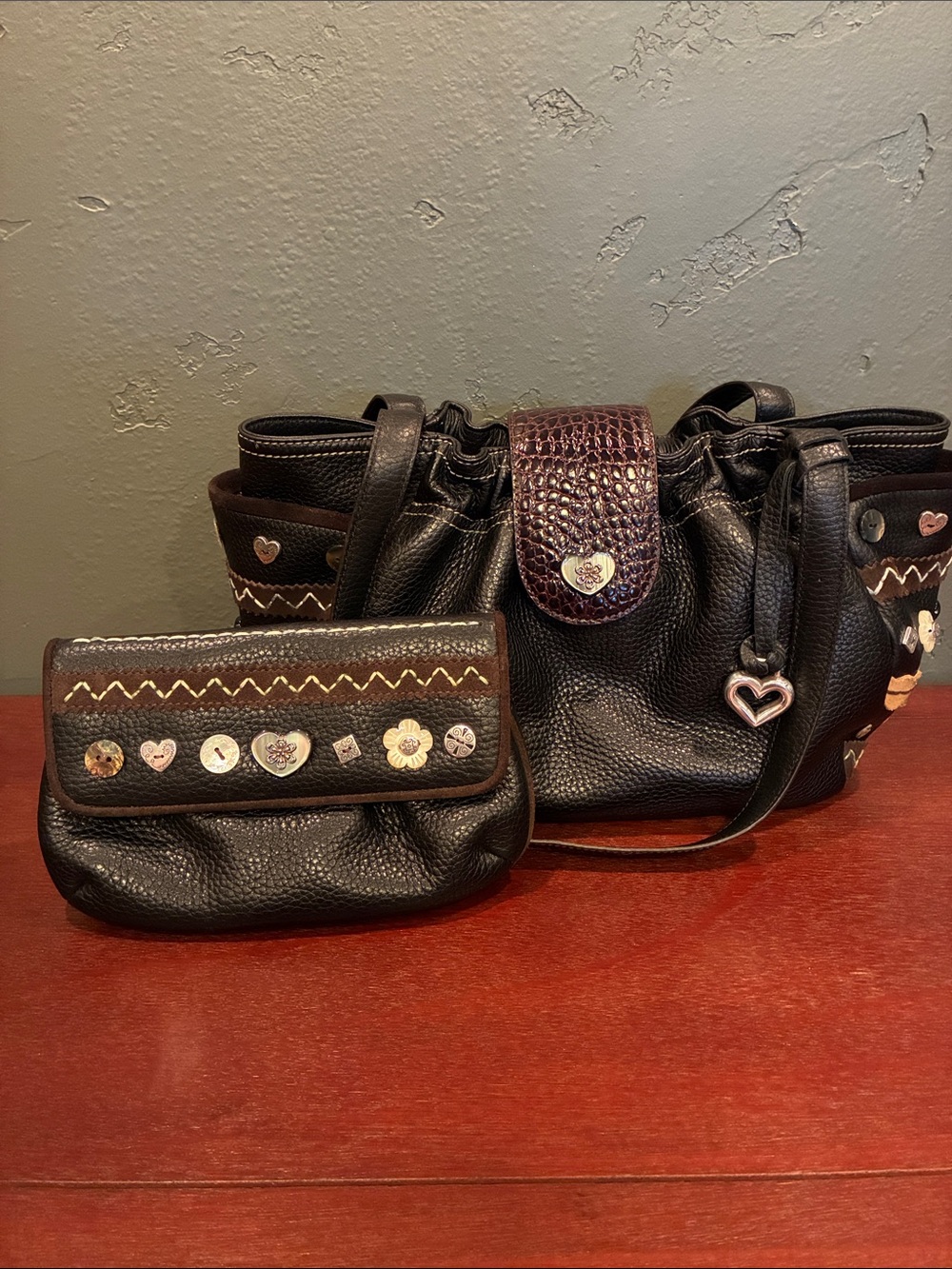 Brighton Betsy Black Pebbled Leather Shoulder Bag & Wallet - Cute Buttons (ABBA)